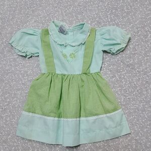 VINTAGE Bette's Girls Green Gingham Flower Collared Dress 2T